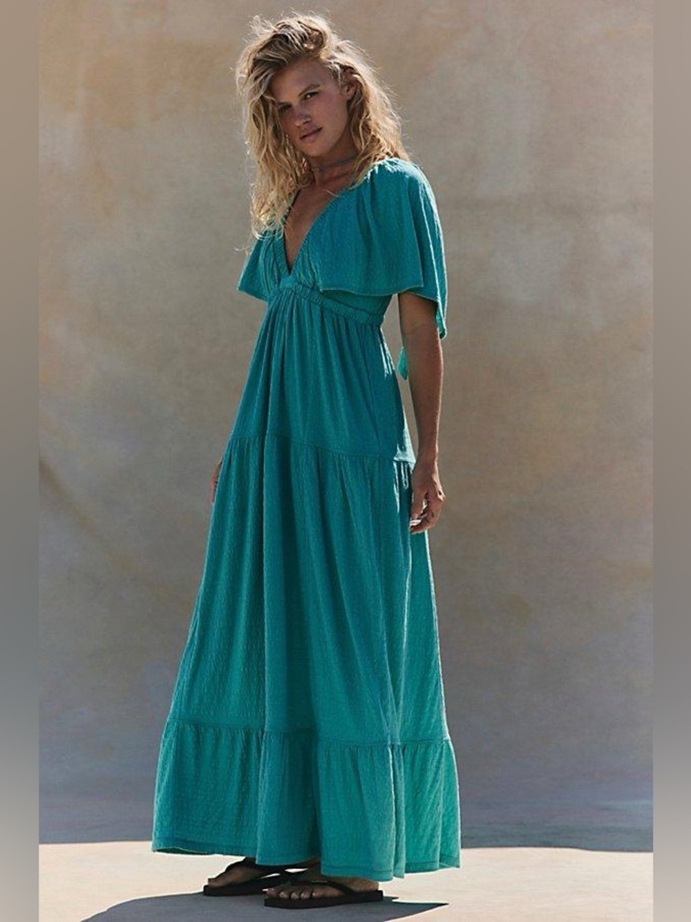 Teal maxi dress textured flutter short sleeve vneck ruffle tiered la la free-est